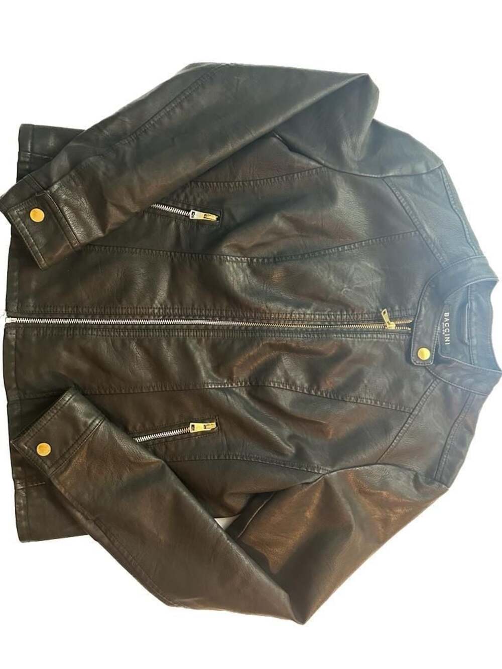 Baccini Black Faux Leather Moto Jacket with Gold Hardware